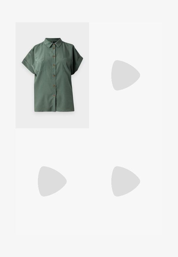 Green short-sleeve shirt with a pointed collar, five brown buttons down the front, and two chest pockets. Smooth fabric texture.; Light blue flared jeans made of denim, featuring a high waist, five pockets, and a single button closure. Soft texture with faded finish.; Black leather high-heeled sandals with a chunky platform, cross-strap design, adjustable buckle, and textured sole.; Black leather handbag with a curved shape, detachable strap, and gold hardware. The bag features a flap with a buckle detail.