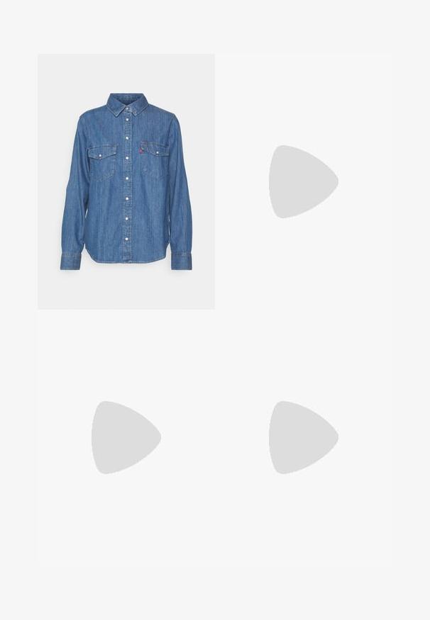 Blaue Denim-Button-Up-Bluse mit langen Ärmeln, zwei Brusttaschen und einem Kragen. Hat ein Levi's-Logo auf der linken Tasche.; Schwarze Denim-Hosen mit geradem Schnitt, fünf Taschen, Metallknopf und Nieten, glatte Textur und doppelt genähtem Saum.; Weiße Plattform-Sneaker aus glattem Leder mit perforierten Details und flachen Schnürsenkeln; ausgestattet mit einer dicken weißen Gummisohle.; Beiger Stoffbeutel mit runder Form, flacher Oberseite und subtilen Nahtdetails. Enthält ein minimalistisches Logo und einen Seitengurt.
