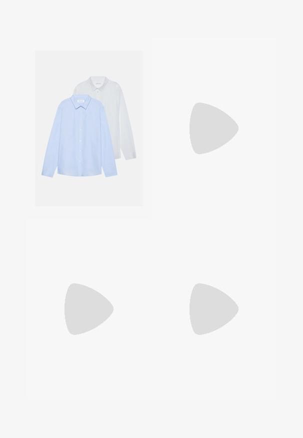 Due camicie a maniche lunghe con bottoni: una azzurro chiaro e una bianca. Entrambe hanno un collare classico, una texture sottile e una vestibilità standard.; T-shirt bianca in cotone con scollatura tonda e maniche corte, con un logo ricamato nero centrato sul petto.; Jeans in denim azzurro chiaro con design a gamba dritta, dotati di tasche anteriori e posteriori e una tasca laterale cargo. Texture liscia, stile casual.; Sneaker alte grigie Nike Air Force 1 con tomaia in pelle, colletto imbottito e cinturino in Velcro. Il design iconico presenta una punta perforata.; Collana in metallo argentato con maglie intrecciate e chiusura sicura, texture liscia, finitura uniforme e design classico.