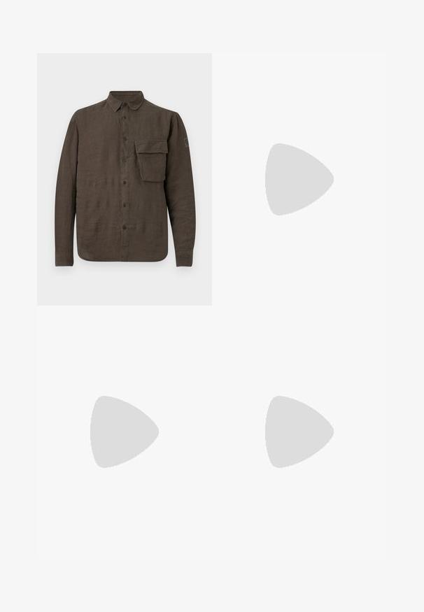 Belstaff SCALE SHIRT - Marškiniai - army olive; Juodi džinsai su tiesiu kirpimu, su penkių kišenių dizainu ir užtrauktuku. Subtilūs blukimo ir siuvimo detalės ant kišenių.; Lacoste sportbačiai tamsiai pilki, pagaminti iš tinklinės ir sintetinių medžiagų, su tekstūruotu padu ir rudomis detalėmis ant apykaklės bei prekės ženklo.; Skaidrūs plastikiniai saulės akiniai su stačiakampiais rudos spalvos lęšiais, pasižymintys plonais, skaidriais šonais ir metaliniais akcentais ant rėmo.