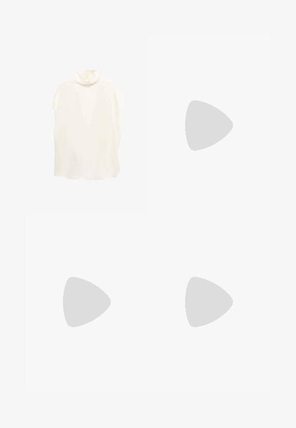 Blouse sans manches crème avec un col montant, texture satin lisse, coupe légèrement oversized et ourlet arrondi. Pas de fermetures visibles.; Pantalon noir avec une coupe droite, doté de poches avant et d'éclairs sur l'ourlet. Fabriqué en tissu doux et lisse. Convient à diverses occasions.; Sandales à talons vernies noires avec un bout carré, des sangles autour de la cheville et des boucles en argent. Dotées d'un talon bloc épais pour plus de stabilité.; Sac à main en cuir noir avec une forme courbée, bandoulière amovible et des accessoires en or. Le sac est doté d'un rabat avec un détail de boucle.