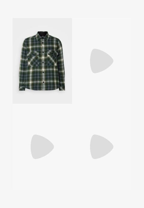 Flannel shirt in dark green and gray plaid pattern. Features two chest pockets, black buttons, and a classic collar. Soft texture.; Three crew-neck t-shirts in black, white, and grey colors. Each is made of soft cotton with short sleeves and a small logo on the black shirt.; Black denim jeans with a straight-leg design, featuring a button closure, five pockets, and minimal stitching for a clean look.; Black leather lace-up shoe with a rounded toe, smooth texture, minimal stitching, and a low rubber heel. Logo on the heel.