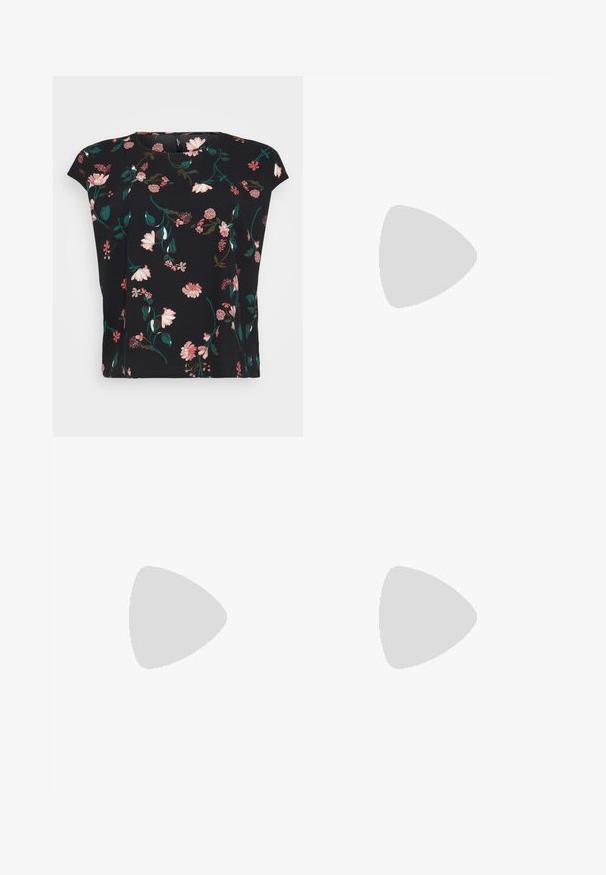 Blouse noire à fleurs avec des manches courtes, présentant des motifs de fleurs roses et vertes. Tissu doux avec une coupe décontractée et un col rond.; Pantalons de jogging ajustés, beige clair, avec une taille élastique à cordon de serrage et des jambes fuselées, présentés sur un fond uni.; Ballerines beiges avec un bout pointu, une superposition en maillage et une sangle à boucle sur le côté. Semelle plate avec une texture lisse.; Boucles d'oreilles en or avec une finition lisse et brillante. Design circulaire présentant un petit clou et une attache transparente pour un port sécurisé.