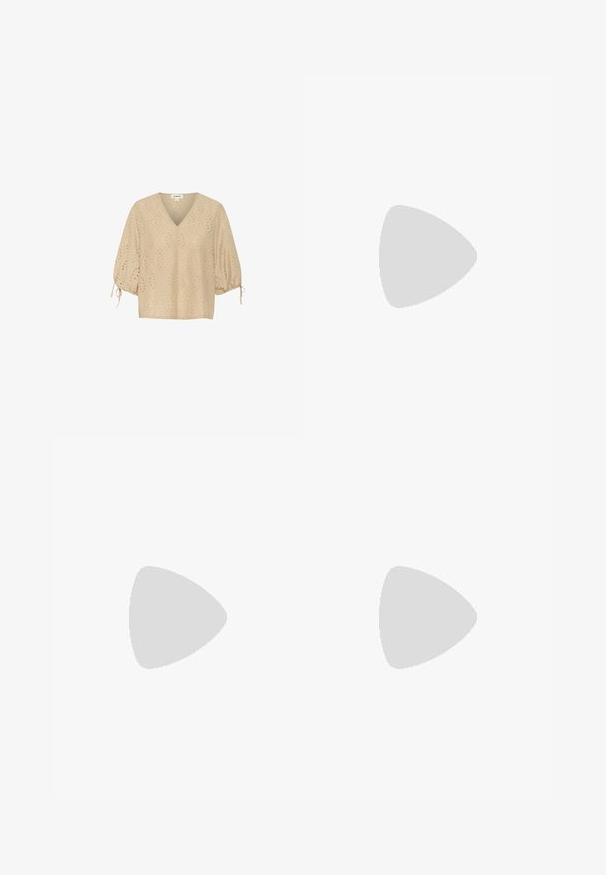 Beige V-neck blouse with short balloon sleeves, featuring diamond patterns and cut-out detailing. Material is lightweight and textured.; Wide-leg dark blue denim jeans with a high waist, featuring a drawstring tie, five pockets, and contrasting stitching details.; Slingback high-heeled shoe in glossy dark brown patent leather, pointed toe, open sides, and adjustable ankle strap.; Tortoiseshell sunglasses with elongated oval lenses, brown tint, gold logo accents on temples, and sleek black arms.