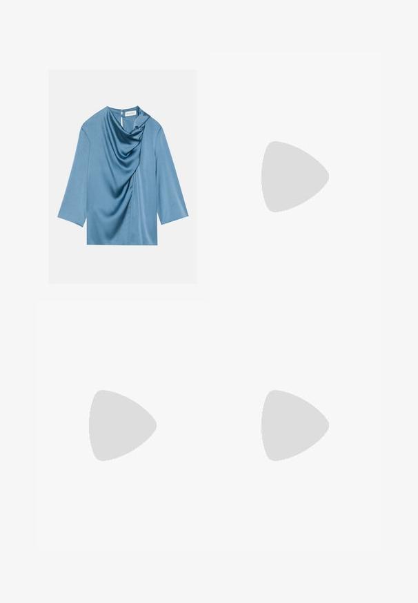 Kék selyem blúz, drapériás elülső résszel, kerek nyakkivágással és háromnegyedes ujjakkal. Simább textúra, finom fénylő felülettel és hátsó kulcslyuk részletekkel.; Fekete farmer midi szoknya fehér függőleges csíkokkal. Gombos derék, két elülső zseb, és kontrasztos varrás jellemzi. Egyenes szabású dizájn.; Rózsaszín sportcipők világoskék csíkokkal, kerek orral és vastag rózsaszín fűzőkkel, rózsaszín tréningnadrággal párosítva, fehér oldalsínekkel.; Barna, téglalap alakú szemüveg áttetsző lencsékkel és lila árnyalattal. Simító műanyag keret, egyenes szárakkal és diszkrét díszítésekkel.; Piros bőr táska virágos applikációs mintával, ívelt formával és rövid füllel. Ezüst színű szerelvények és a "Desigual" márkanevének hangsúlyos megjelenítése.