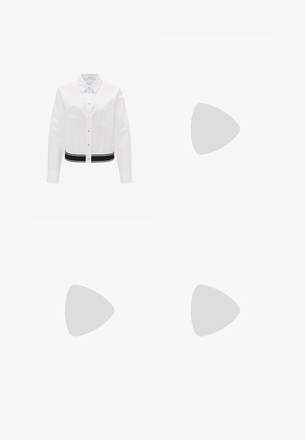 White collared shirt with a button front, long sleeves, and a black striped waistband. Features a chest pocket. Smooth texture, cotton blend.; Gray denim jeans with a smooth texture, featuring a front button and zipper closure, side pockets, and subtle stitching details.; Black patent heeled sandals with a square toe, ankle straps, and silver buckles. Features a chunky block heel for stability.; Black leather tote bag with smooth texture, rectangular shape, and two long handles. No visible hardware or embellishments.
