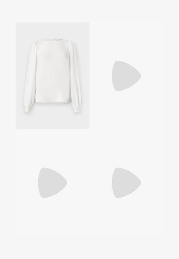 White long-sleeve blouse made from lightweight fabric, featuring a rounded neckline, gathered puff sleeves, and elastic cuffs.; Pleated black skirt with a smooth waistband, made of lightweight fabric. Features crisp, vertical pleats and a mid-calf length design.; Burgundy patent leather ballet flat with a rounded toe, small bow accent at the front, and a low, black rubber sole. Smooth texture.; White rectangular clutch bag made of glossy material, featuring a silver chain strap. Model poses, showcasing the bag against a plain background.