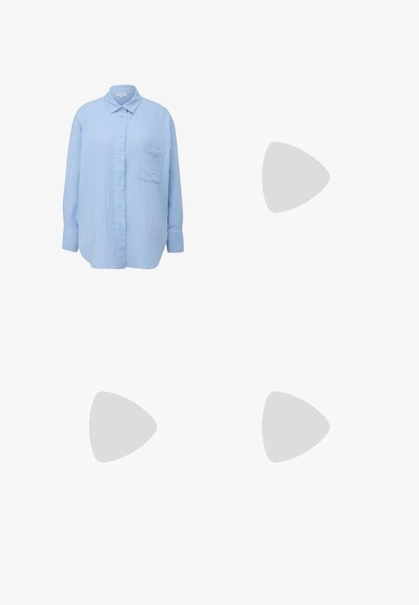s.Oliver Hemdbluse - himmelblau; Weißes Baumwoll-T-Shirt mit rundem Ausschnitt, kurzen Ärmeln und tailliertem Schnitt. Glatte Textur ohne Muster oder Verzierungen.; Weiße weit geschnittene Hosen aus weichem Stoff, mit einem elastischen Bund und einem Kordelzug sowie zwei seitlichen Taschen. Einfaches und klares Design.; Leichte Sneaker mit einem Obermaterial aus Mesh und Wildleder in sanften Cremetönen, einer dicken Sohle und dreidimensionalen Akzenten.