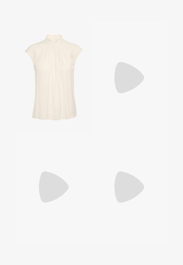 Sleeveless blouse in cream with a high neckline, featuring pleats down the front, smooth texture, and a relaxed fit.; Stradivarius Trousers - mottled light brown; Brown suede heeled sandals with crossed straps and gold-tone buckles. Square toe and a slightly flared block heel with a textured finish.; Brown suede tote bag with soft texture, large opening, and long straps. Features a simple design with visible stitching and no hardware.