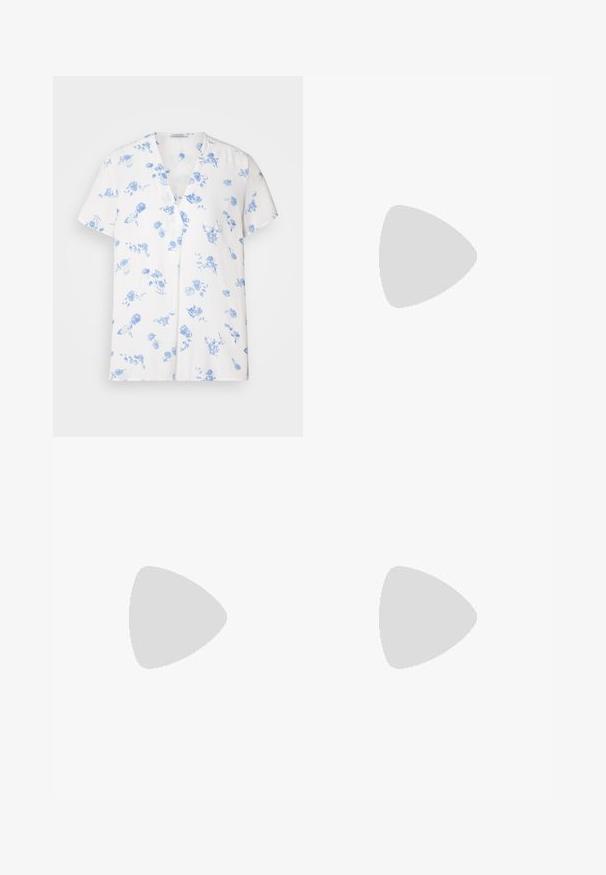 Weißes Kurzarmhemd mit V-Ausschnitt, verziert mit einem blauen Blumenmuster. Hergestellt aus leichtem Stoff mit lockerer Passform.; Weit geschnittene, hellbraune Hosen aus glattem Stoff mit einem elastischen Bund. Sie verfügen über ein einfaches Design ohne zusätzliche Verzierungen.; Braune flache Sandalen aus synthetischem Material mit einem geflochtenen Riemendesign und einer glatten, flachen Sohle. Ohne Absatz, minimalistischer Stil.; Braune Stoffschultertasche mit einem breiten, runden Körper und einem großen Ausschnittgriff. Sanfte Textur, minimalistisches Design und keine sichtbaren Beschläge.
