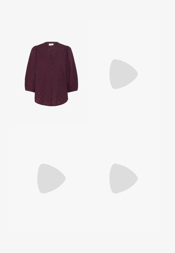 Kaffe Blouse - windsor wine; Wide-leg dark blue denim jeans with a high waist, classic five-pocket design, and visible stitching detailing. Smooth texture, plain finish.; Red mesh ballet flats with a pointed toe, featuring a thin strap and buckle detail. The upper has an open, honeycomb pattern.; Set of eight metal earrings in silver and gold tones. Includes various hoop styles, textures, and finishes, arranged by size.