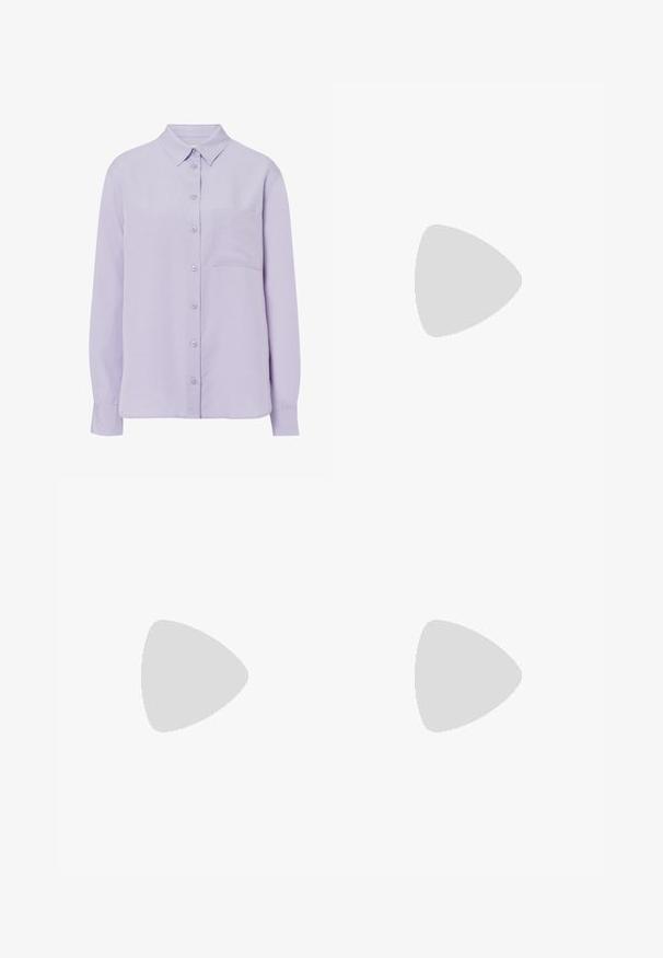 Hellblau-lila Langarmhemd aus weichem Stoff, mit durchgehender Knopfleiste, Kragen und einer einzelnen Brusttasche.; Weißes T-Shirt mit kurzen Ärmeln, Rundhals, lässiger Schnitt aus weichem Material. Keine Muster oder Akzente, mit einem Standard-Saum.; Weiße, weite Hosen aus leichtem Stoff, mit flachem Vorderteil, Falten und einem Bund, die eine lockere, luftige Passform bieten.; Weißer Slingback-Absatzschuh mit spitzer Zehenpartie, featuring ein glattes Obermaterial, subtile Ausschnitte und einen niedrigen Blockabsatz. Die schwarze Sohle betont das Design.; Schwarze Laptoptasche aus Leder mit glatter Textur, rechteckiger Form und zwei langen Griffen. Keine sichtbaren Beschläge oder Verzierungen.