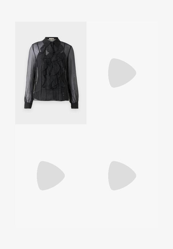 Svart genomskinlig blus med vertikala vita ränder, rynkad frontdetalj, långa ärmar och standardkrage. Mjuk textur med knappproppar.; Svart maxiklänning i ett mjukt tyg, med en sidslits, elastisk midja och raka linjer för en minimalistisk design.; Rosa lackläder högklackad pumpsko med spetsig tå och slank silhuett, med ett utskuret detalj och stilettklack.; Svart läder axelväska med en slät yta, som har ett tunt, långt band och en subtil sömdetalj nedtill i mitten.