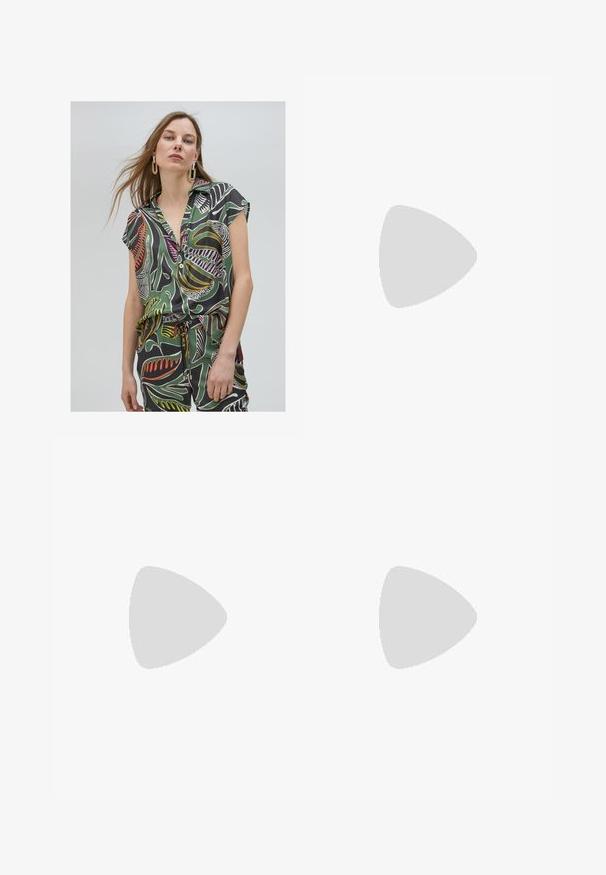 Short-sleeve shirt in green with a colorful botanical print. Features a collared neckline and buttons, made from lightweight fabric.; Black wide-leg trousers made from smooth fabric, featuring two white-accented pockets with decorative buttons on the front.; Black patent leather slingback heels with a pointed toe, a rounded cutout design, and a block heel. Features a gold-tone buckle accent.; Black handbag with textured surface, dual top handles, and adjustable shoulder strap. Features gold-tone hardware and side pockets.