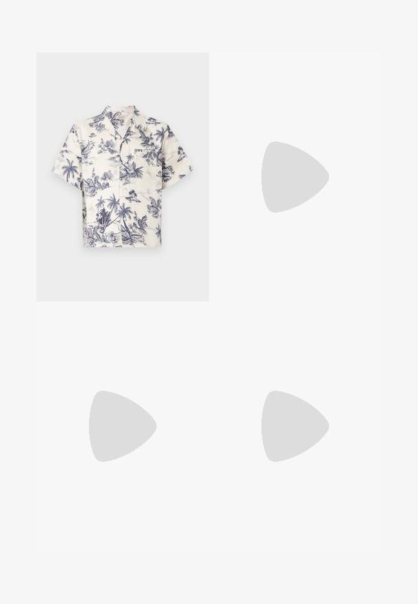Cămașă cu mânecă scurtă din material crem, cu imprimeu tropical cu palme albastre, având guler standard și închidere cu nasturi.; Jeans din denim de culoare albastru închis, cu un design drept, având cinci buzunare, închidere cu nasture și detalii de cusătură în contrast.; Sneaker alb cu accente din suede, vârf rotund, șireturi plate și o talpă din cauciuc crem. Are un logo verde pe călcâie.; Ochelari de soare negri cu rame pătrate supradimensionate, având un model repetat cu logo-ul aurit "GG". Lentile gri cu o textură netedă.