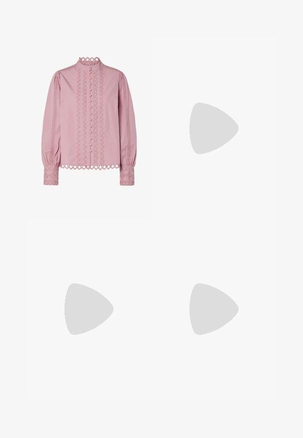 Pink blouse with high collar, button-up front, and decorative lace trim along sleeves and sides. Soft fabric with textured detailing.; Black and white polka dot swim shorts with a drawstring waistband, featuring the number "93" on the front and a smooth, stretchy fabric.; White athletic shoes featuring a mesh upper with silver accents, a unique shape, and air cushioning in the heel. Laced design with logo.; Black rectangular glasses with clear lenses. Glossy finish, narrow arms, and purple tint visible at the edges of the lenses.
