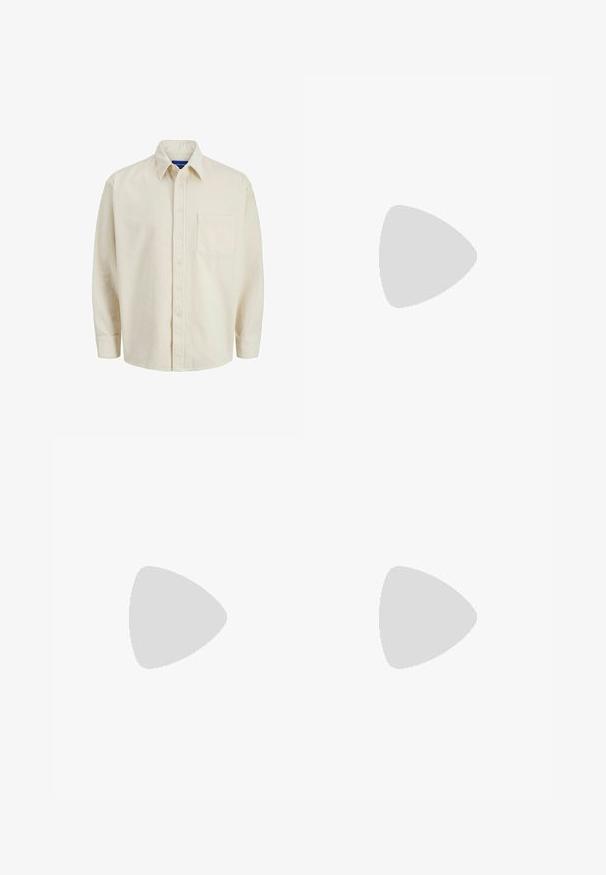 Beige korduroy košile s knoflíkovým zapínáním vpředu, límcem, dlouhými rukávy a jednou kapsou na hrudi. Má úzké vertikální pruhy.; Černé džíny rovného střihu z denimu s předním zapínáním na knoflík a zip, poutky na opasek a designem s pěti kapsami, vystavené na bílém pozadí.; Černé kožené mokasíny s kulatou špičkou, designem na nazouvání a silnou gumovou podešví s texturovaným gripem. Zvýšený podpatek a jemné švy.; Černé obdélníkové sluneční brýle s tmavými skly, disponující silným rámem, decentními akcenty po stranách a bez viditelných log kromě názvu značky.; Stříbrné nerezové hodinky s modrým a červeným lunetou, námořnickým ciferníkem, bílými hodinovými indexy, křemenným strojkem, voděodolností do 200 m a zobrazením data.