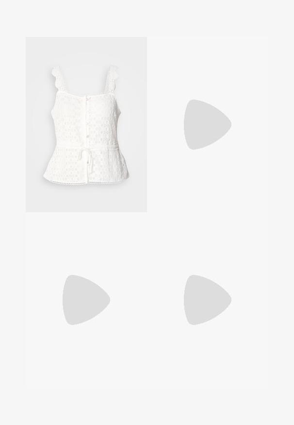 White lace top with scalloped straps, button front closure, peplum hem, and adjustable tie at the waist. Delicate floral pattern throughout.; Floral dress in white with blue and green flowers, featuring a collar, button-down front, long sleeves with elastic cuffs, and a waist tie.; Beige patent leather slingback heels with a pointed toe and 5 cm heel, featuring cut-out sides and a thin ankle strap.; Tortoiseshell sunglasses with elongated oval lenses, brown tint, gold logo accents on temples, and sleek black arms.; Beige patterned handbag with a curved shape, leather accents, and a gold-tone logo on the front. Features a short handle for easy carrying.; Pearl and crystal necklace with a round, beaded design in pale hues, featuring alternating pearls and sparkling accents, worn around the neck.