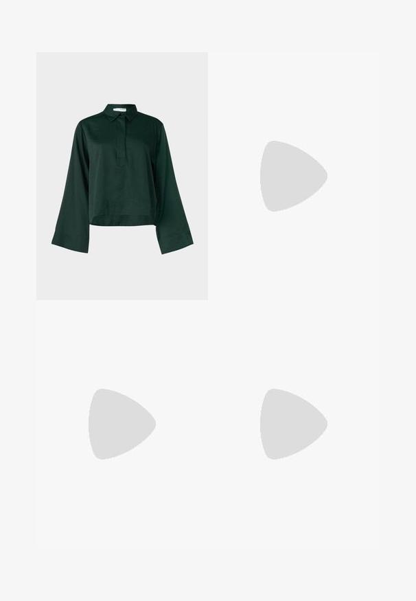 Selected Femme SLFJEAN - Bluza z gumbi - scarab; Črne široke hlače s visokim pasom, gumbnimi detajli na pasu in sprednjimi gubami.; Črne lakirane slingback pete s koničastim nosom in geometrijsko blokasto peto. Imajo eleganten, minimalističen dizajn in gladko teksturo.; Črna usnjena torba z dvema dolgima ročajema, gladko teksturo in strukturirano obliko. Ima sprednji žep za dodatno shranjevanje.