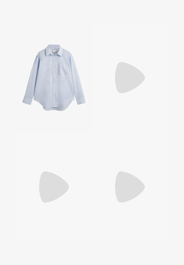 Light blue long-sleeve button-up shirt made of cotton, featuring a classic collar, a single chest pocket, and a curved hemline.; Wide-leg trousers in light beige cotton. Features a high waist, front pockets, and a straight cut. Clean hem finishing without patterns.; Light beige sneakers with suede and fabric materials, featuring three gray stripes, textured accents, and a tan rubber sole. Laces are white.; Silver metal earrings featuring rounded shapes, with a polished finish and subtle engravings of the brand "BOSS" on the lower sections.