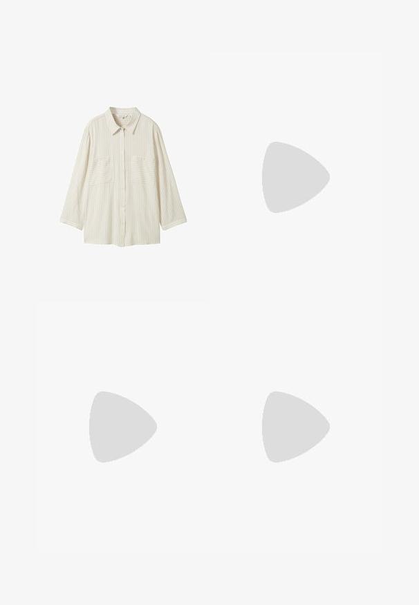 Light beige button-up shirt with vertical stripes, two front pockets, and a collar. Features long sleeves and a relaxed fit.; Black wide-leg trousers with high waist, button details on waistband, and front pleats.; Black leather pump with a pointed toe and a low block heel. Features an ankle strap with a gold-tone buckle. Smooth texture.; Black handbag with structured shape, smooth texture, and a metallic clasp. Paired with wide black pants and open-toe sandals on wooden floor.