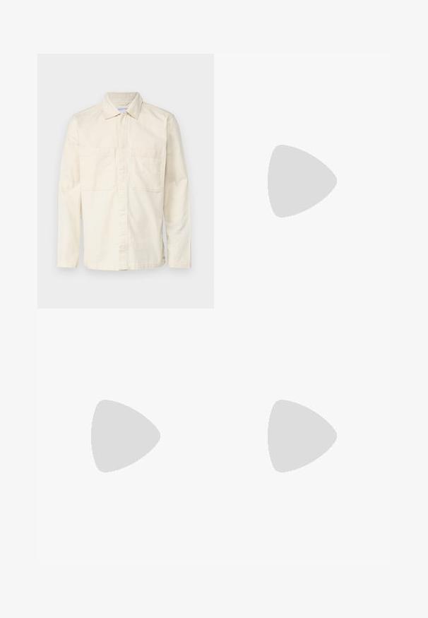 Light beige long-sleeve shirt made of a cotton blend, featuring a collar, front button closure, and two chest pockets. Smooth texture.; Beige cotton t-shirt with a round neck and short sleeves. Features a subtle "Levi's" logo in the same color on the chest. Soft texture.; White cotton wide-leg trousers with an elastic waistband, featuring a front button closure and side pockets. Smooth texture and minimalistic design.; White leather sneakers with a smooth finish, rounded toe, flat laces, and a textured sole. Grey suede accent at the heel.