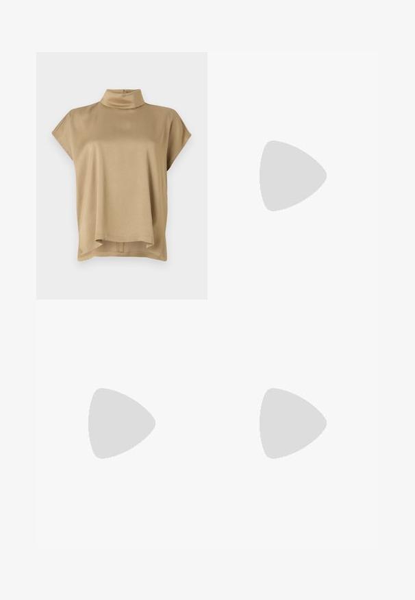 Top beige con colletto alto, maniche corte e vestibilità comoda. Tessuto morbido, texture liscia e fondo posteriore più lungo.; Gonna nera lunga fino al pavimento realizzata in tessuto morbido, con una vita elastica ampia e arr gathered e un design fluido e morbido. Senza motivi né dettagli.; Sandal con tacco in pelle nera, punta quadrata, cinturino alla caviglia con fibbia dorata e tacco metallico slanciato. Texture liscia, design minimalista.; Borsa a tracolla in pelle nera con forma strutturata, hardware dorato e tracolla rimovibile. Presenta una superficie liscia e una chiusura a patta.