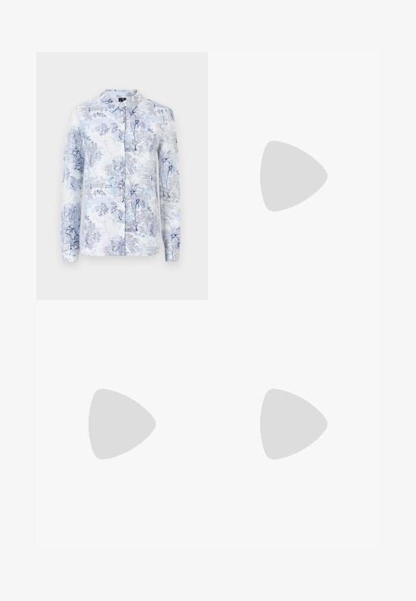 Långärmad skjorta i tyg med ett blått och vitt blommigt och landskapsmönster, med krage och knäppning framtill.; Breda denimbyxor med en ljus till mörkblå gradient, hög midja, bälteshällor och ett matchande tygbälte. Texturerad denimfinish.; Svarta ankelstövlar i slitstark läder, med sidodragkedja, kraftig strukturerad klack och rundad tådesign.; Svart tote-väska i slät läder, med en böjd, öppen topp, två axelremmar och en minimalistisk design.
