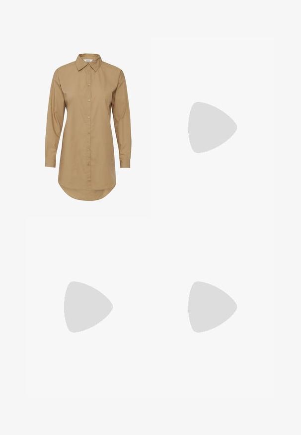 Bruine lange mouwen shirt met een spitse kraag, knoopsluiting aan de voorkant en een lichtgebogen zoom. Gemaakt van gladde stof, met subtiele knoopaccenten.; Wijd pijpjes donkerblauwe denim jeans met een hoge taille, voorzien van een trekkoord, vijf zakken en contrasterende stiksels.; Slingback hoge hak schoen in glanzend donkerbruin patentleer, puntige neus, open zijkanten en verstelbare enkelband.; Schildpadbril met langwerpige ovale lenzen, bruine tint, gouden logo-accenten op de pootjes en slanke zwarte armen.; Bruine handtas met een patroon, van een gestructureerde stof, bruine leren schouderriem en een gouden logo detail op een beige achtergrond. Gebogen, gestructureerde vorm.