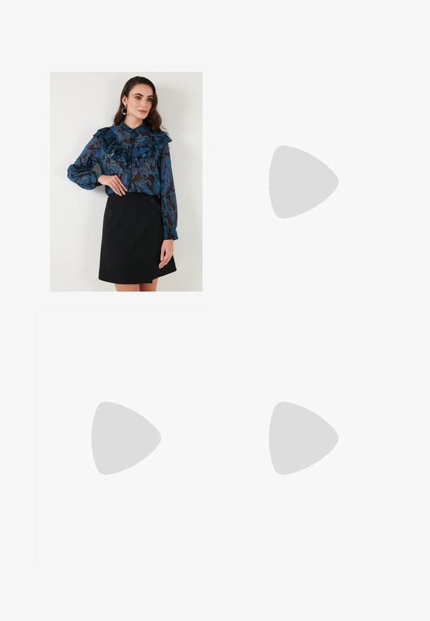 Blue patterned blouse with ruffles and buttoned cuffs, paired with a black wrap skirt featuring two buttons on the side.; A knee-length skirt in a light fabric with a beige, brown, and green abstract pattern. Features a fitted waistband and flowing design.; Pink suede high-heel sandal with a block heel, open toe, and ankle strap featuring a gold buckle detail. Flat front strap.; Brown faux leather shoulder bag with curved shape, minimal stitching, and a gold-tone hardware accent. Features a top zipper closure and adjustable strap.