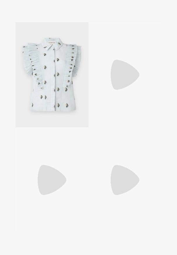 Blouse bleu clair avec des rayures verticales, de la broderie florale et des manches à volants plissées. Devant à boutons avec un col classique.; Jupe en denim bleu clair avec une fente à l'avant et un ourlet brut. Comprend un style classique à cinq poches et une fermeture bouton à la taille.; Filippa K REY FLAT - Ballerines - black; DRAGON DIFFUSION ECLIPSE - Sac à main - navy