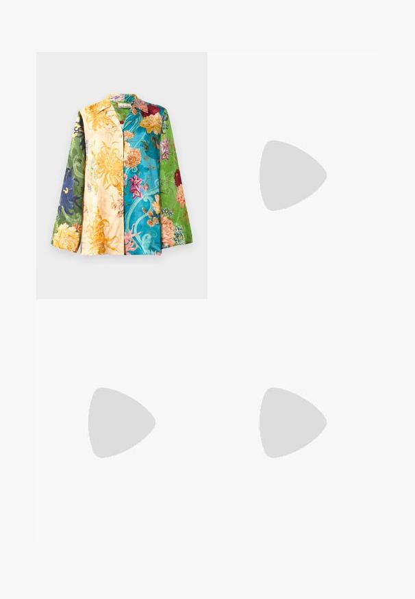 Multicolor floral shirt jacket with long sleeves, featuring a mix of yellow, green, blue, and purple hues. Fabric has a smooth texture and sheen.; Brown wide-leg trousers made from a smooth fabric, featuring a front button closure, two front pockets, and clean, tailored lines.; Black leather slingback shoe with a pointed toe, featuring a woven accent and pleated upper design. Flat sole with minimal hardware.; Brown leather handbag with a textured finish, angular design, and a distinctive top handle. Features a patterned woven strap detail.