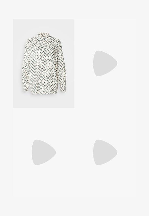 Long-sleeve shirt in cream with a geometric blue pattern. Features a pointed collar and a button-down front. Soft fabric texture.; Black wide-leg trousers with high waist, button details on waistband, and front pleats.; Black patent leather loafer with a flat sole, rounded toe, and a decorative strap featuring a gold-tone accent. Smooth, shiny finish.; Black handbag with structured shape, smooth texture, and a metallic clasp. Paired with wide black pants and open-toe sandals on wooden floor.