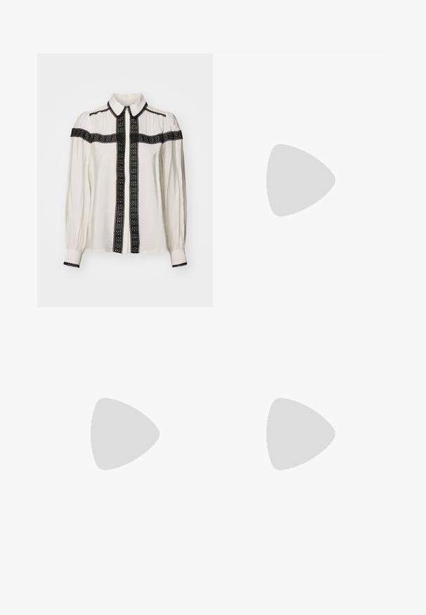 White blouse with black lace detailing along the front, collar, and sleeves. Features long sleeves and a button-down closure.; Black flared pants made from stretchy fabric, featuring a smooth texture, high waist, and seam detailing along the front.; Clear stiletto heel shoe with a pointed toe, transparent material, metallic silver accents, and adjustable ankle strap.; Black leather handbag with a curved shape, detachable strap, and gold hardware. The bag features a flap with a buckle detail.