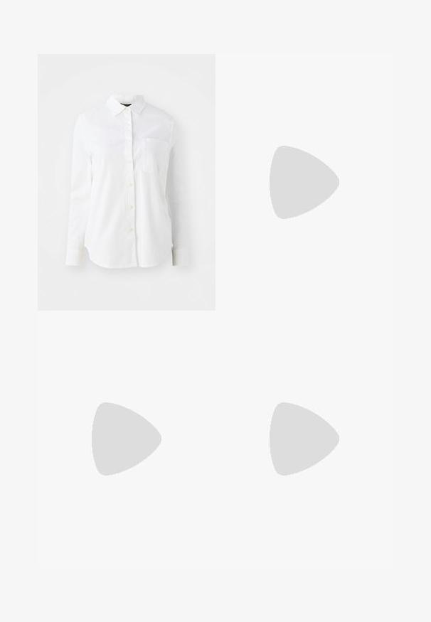 Fehér, hosszú ujjú, gombos ing, puha textúrájú anyagból, klasszikus gallérral és egyetlen mellzsebbel.; Szürke nadrág egyenes lábformával, két oldalsó zsebbe és gombos záródással. Simább anyag, látható minták vagy díszítés nélkül.; Fekete bokacsizmák sima bőrből, oldalsó cipzárral, vastag, texturált sarkú és lekerekített orrú dizájnnal.; Fekete bőrtáska ívelt formával, levehető pánttal és arany színű fémrészekkel. A táskán egy csattal díszített fedél található.