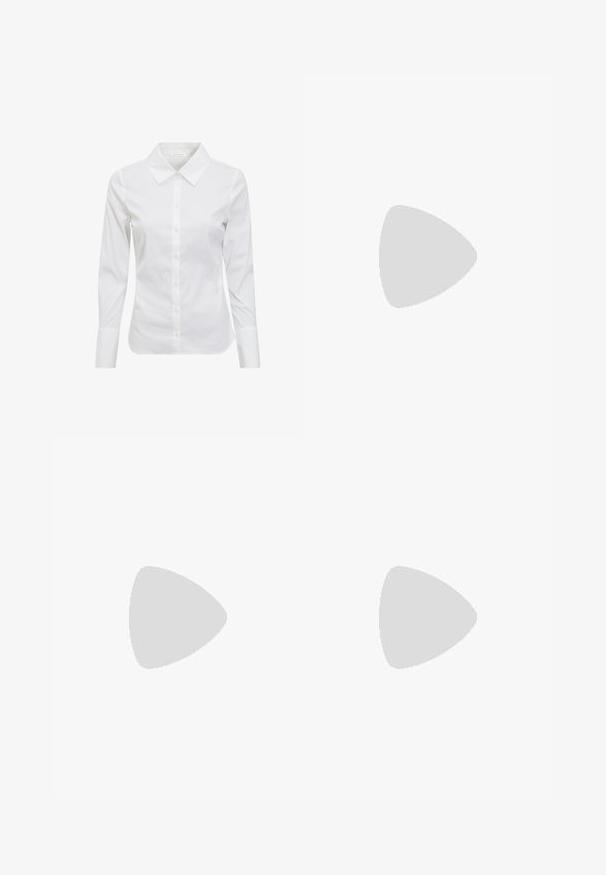 Vit långärmad skjorta med klassisk krage, knappstängning framtill och slätt bomullstyg. Minimalistisk design, utan mönster eller dekorationer.; Vita denimbyxor med rak bendesign, utrustade med midjeband och knäppning, fem fickor och subtila sömnadsdetaljer.; Transparent klacksandaler med två klara remmar, en beige bas och en geometrisk klar blockklack. Minimalistisk design med en slät yta.; Svarta solglasögon med rektangulära ramar, blåtonade linser och en karaktäristisk brodesign. Slät yta, diskret textur.; Vävd halmhandväska i beige med en kurvad form, ett kort handtag och en sidoglid. Har en texturerad yta och minimalistisk design.
