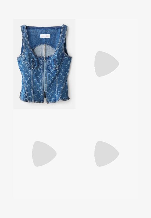 Denim crop top featuring a zip front, curved seam detailing, and a repeated crescent moon pattern in light blue on a darker blue base.; Black trousers made from smooth fabric featuring a high waist, wide legs, front pleats, and classic belt loops. No side pockets visible.; Black leather slingback shoe with a pointed toe, decorative straps featuring metal eyelets, and a low block heel. Textured surface.; Black leather crossbody bag with two front pockets, gold buckles, zipper closure, and a slim strap. Textured surface and compact rectangular shape.