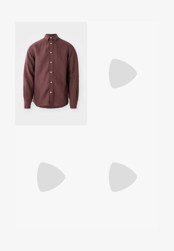 Maroon long-sleeve shirt made of textured fabric, featuring a classic collar, button front closure, and buttons in a contrasting color.; Filippa K TERRY CROPPED TROUSERS - Trousers - sage melange; White leather sneaker with a smooth finish, round toe, flat laces, and a textured sole. Features a subtle logo on the heel.; Black rectangular sunglasses with dark lenses, thick plastic frame, gold accents on temples, and brand logo engraved on the arm.