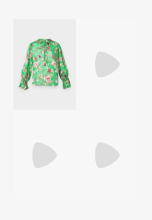 Floral blouse in vibrant green fabric with puffed sleeves, ruffle accents, and a gathered neckline. Features multicolored floral print.; Black satin pants with wide legs, featuring fringe details along the side seams and a flat front waistband. Plain back without pockets.; Black pointed-toe high heel shoe with a crocodile-skin texture, featuring a sleek design, high stiletto heel, and smooth black interior.; Black crocodile-patterned clutch bag with silver hardware, held against a textured gray background. Features a shiny surface.