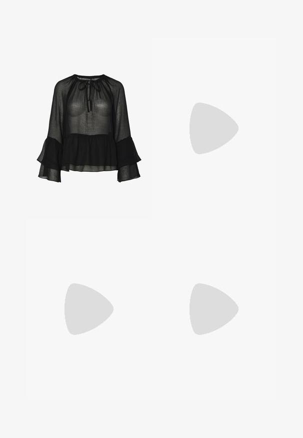 Black sheer blouse with a gathered neckline, tie detail, and bell sleeves. Features a layered ruffle hem and textured fabric.; Denim jeans with a high waist and wide legs, featuring a classic blue wash, visible stitching, and metal hardware on the front pocket.; Black leather ankle boot with a pointed toe and a block heel. Smooth texture, minimalist design, and a high-cut silhouette.; Carlheim ADALINE  - Handbag - brown