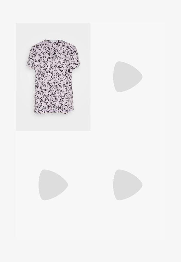 Esprit V NECK - T-shirt con stampa - lavender; Pantaloni larghi marroni realizzati in tessuto morbido, con vita elastica e cordoncino, e due tasche laterali.; Sneakers in suede marrone con strisce in pelle bianca, suola in gomma, punta rotonda e lacci. Presentano un logo sulla linguetta e dettagli perforati.; Borsa tote in pelle marrone con texture liscia, design con apertura superiore e due spallacci. Presenta cuciture minime e nessun hardware visibile.