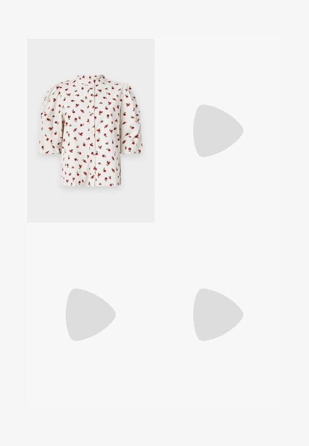 White short-sleeve blouse with a button front, featuring a floral pattern of red roses and green leaves; has puffed sleeves for added volume.; Black and cream patterned pants. Features an elastic waistband and a repeating geometric design with diamonds and floral motifs.; Black patent leather slingback heels with a pointed toe, a rounded cutout design, and a block heel. Features a gold-tone buckle accent.; Large straw tote bag with a textured, beige exterior and two wide handles. Features a leather accent strap for closure.