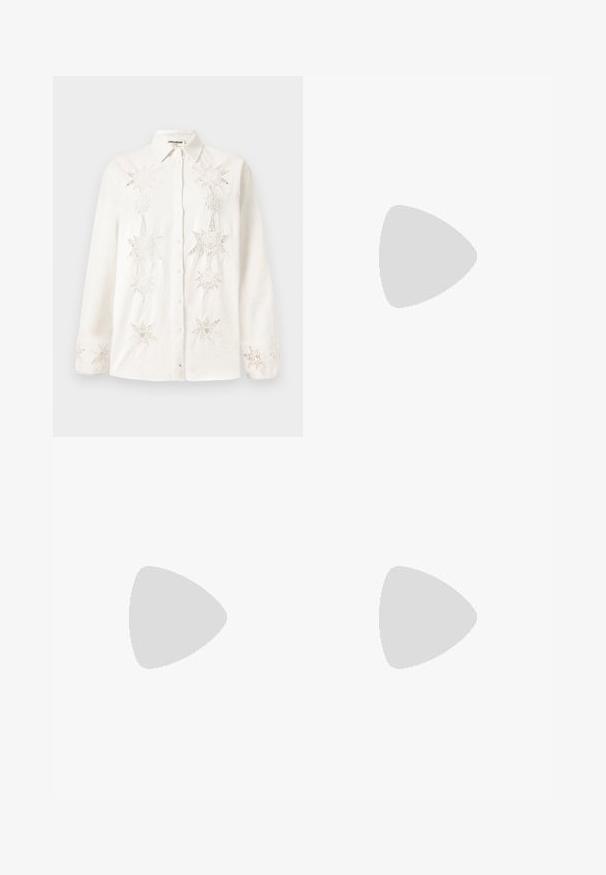 White button-up shirt made of linen, featuring intricate star-shaped embroidery on the front and cuffs, with a classic collar design.; Light blue wide-leg jeans made of denim, featuring a gradient color effect and embellishments of silver rhinestones in a vertical pattern.; Black patent leather high-heeled mule with a pointed toe and a sleek silhouette, featuring an open back and a slender stiletto heel.; Black leather handbag with a curved design, featuring silver studs, a buckle, and two side pockets. Adjustable strap for carrying options.