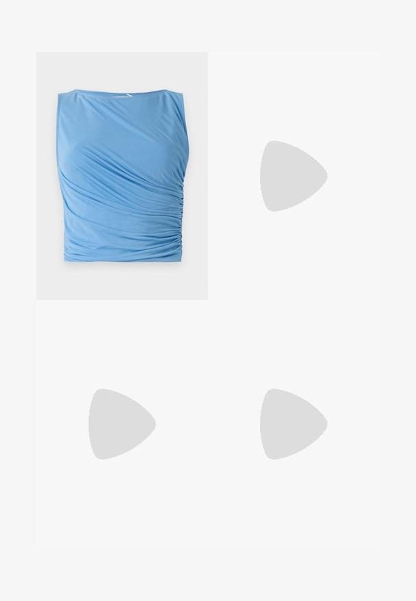 Blue sleeveless top made of soft fabric featuring draped ruching on one side, with a round neckline and smooth texture.; Knit white midi skirt featuring a textured pattern with vertical lines and cut-out details near the hem. Elastic waistband. Soft material.; Black leather ballet flat with a rounded toe, smooth texture, minimal stitching detail, and a flexible sole design.; Brown leather handbag with a flap closure, gold-tone hardware, a shoulder strap, and a smooth texture. Compact rectangular shape.