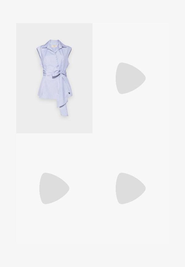 Blue and white striped sleeveless blouse with a collar, knotted waist detail, and a flared bottom hem. Features a small logo accent.; White short-sleeve t-shirt made of ribbed fabric. Round neckline, regular fit, and subtle stitching details. No patterns or graphics.; Beige tailored trousers with a straight-leg design, made from lightweight fabric. Features front pleats and a classic waistband.; Black leather ballet flat with a rounded toe, smooth texture, minimal stitching detail, and a flexible sole design.