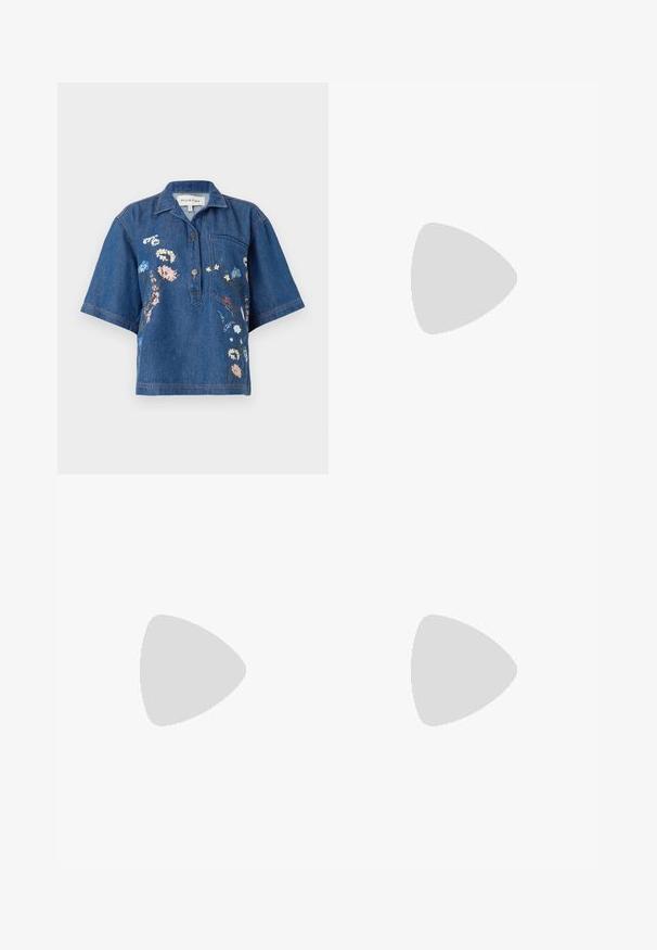 Camisa de manga corta de mezclilla con cuello de solapa; presenta bordados florales en rosa, azul y blanco; incluye un bolsillo en el pecho y detalle de botones.; Baum und Pferdgarten NEYA - Pantalones - blackish; Stuart Weitzman EVA SLINGBACK - Tacones - black; MICHAEL Michael Kors NOLITA HOBO  - Bolso de mano - black