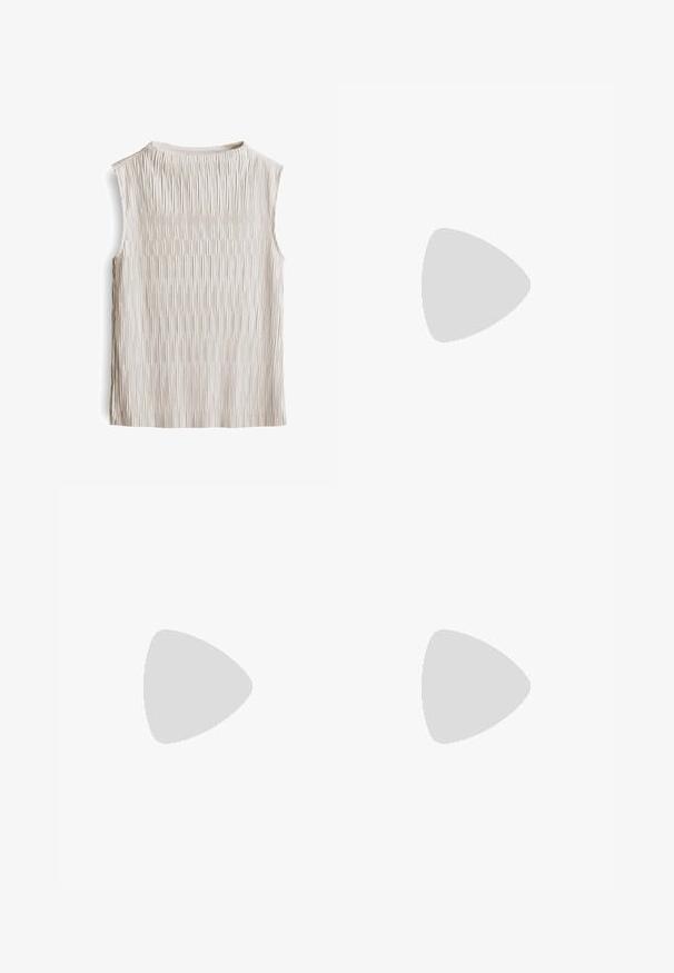 Sleeveless top in light beige with a textured ridged design, featuring a round neckline and straight hem, made from a soft material.; Brown wide-leg pants made from soft fabric, featuring an elastic waistband with a drawstring and two side pockets.; Black and gray sneaker with three white stripes, textured toe cap, leather and synthetic materials, gold "Samba" branding on the side.; Brown leather tote bag with a smooth texture, open top design, and two shoulder straps. Features minimal stitching and no visible hardware.