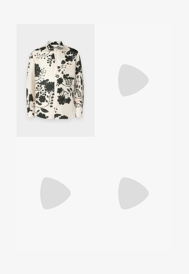 Paul & Joe UPETRA - Camicia - ecru; Pantaloni marroni su misura con una linea frontale piatta, design a gamba dritta, texture liscia e passanti per la cintura. Nessun motivo visibile o dettagli hardware.; Scarpa Oxford in pelle nera con lacci e suola spessa, con "WATERMAN" impresso sul lato, mostrata di profilo su uno sfondo grigio chiaro.; Borsa a tracolla in pelle nera con chiusura a patta, hardware in tonalità argento e due accenti tondi. Dotata di una tracolla removibile. Texture liscia.