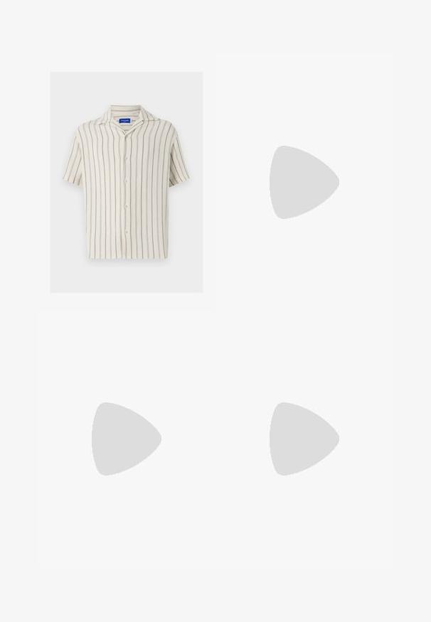 Chemise à manches courtes en crème avec de fines rayures verticales. Dotée d'une fermeture à boutons sur le devant et d'un col classique, fabriquée à partir d'un tissu texturé.; T-shirt en coton blanc avec des manches courtes, un col rond, une coupe décontractée et sans logos ni motifs visibles. Texture lisse et design minimaliste.; Pantalon khaki avec une coupe droite, doté d'une fermeture à bouton et d'un devant plissé. Fabriqué en tissu lisse avec une finition mate.; Mocassins en cuir noir avec un bout arrondi, un design à enfiler et une semelle en caoutchouc épaisse avec une texture antidérapante. Talon surélevé et détails de surpiqûre subtils.; Lunettes de soleil noires rectangulaires avec des verres foncés, arborant une monture épaisse, des accents subtils sur les côtés et aucun logo visible en dehors du nom de la marque.; Montre à quartz en métal avec un cadran noir, des chiffres blancs et un affichage de la date. Dispose d'un bracelet en acier inoxydable et d'une résistance à l'eau de 100 m.