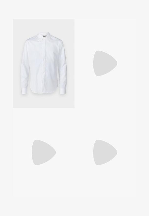 White long-sleeve shirt made of smooth cotton, featuring a pointed collar, button placket, and rounded hem with cuffed sleeves.; Black tailored trousers with a smooth texture, straight leg design, a zip fly, and standard waist, featuring subtle front pockets.; Black leather loafers with a smooth texture, rounded toe, and a decorative strap across the vamp. Low stacked heel, minimalist design.; Black rectangular sunglasses with dark lenses, thick plastic frame, gold accents on temples, and brand logo engraved on the arm.